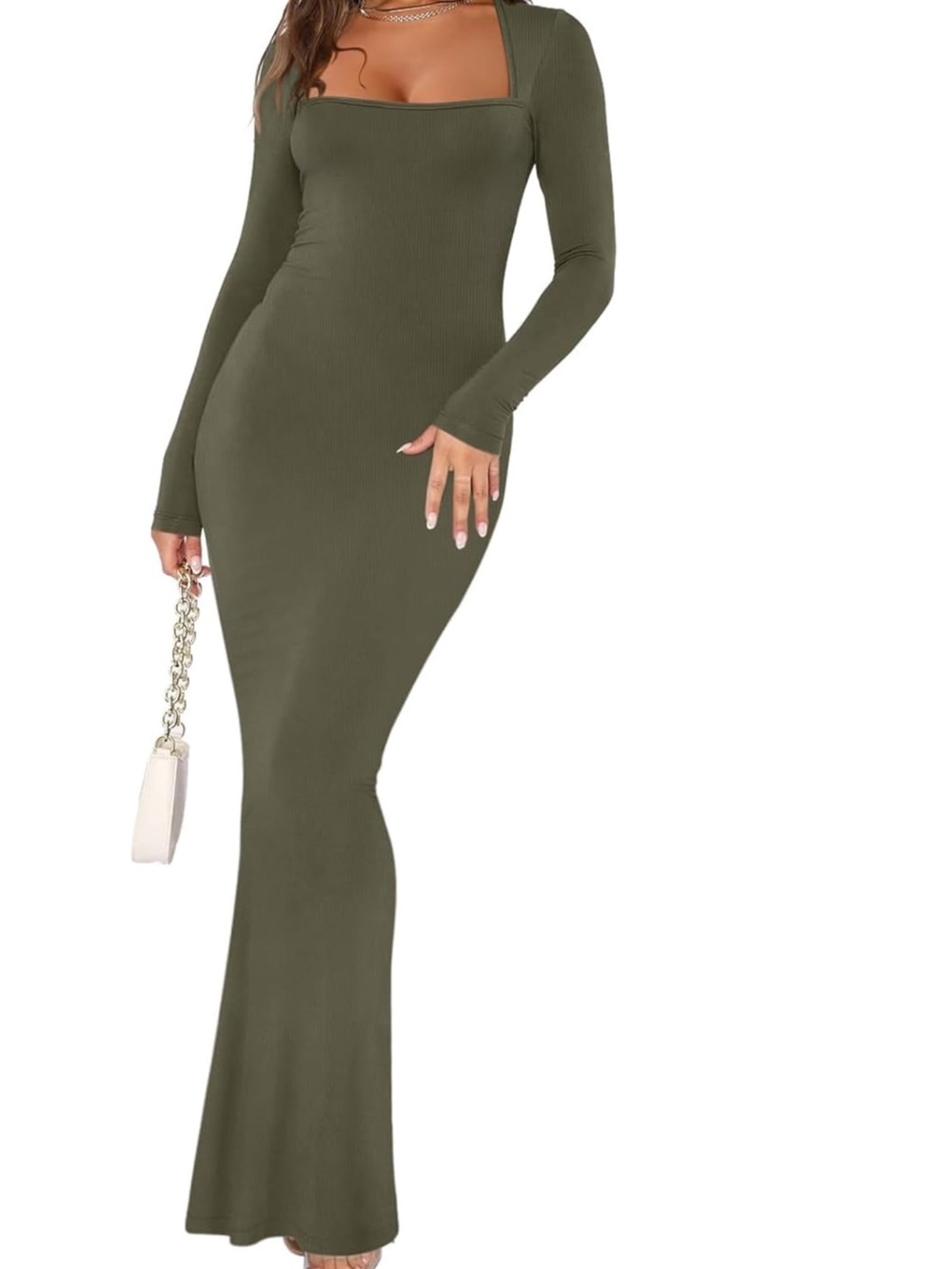 REORIA Square Neck Long Sleeve Olive Green Maxi Dress. Size M